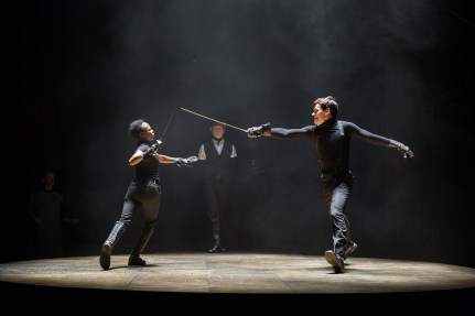 Zanaib Jah (Hamlet), Keith Conallen (Osric), and Brian Ratcliffe (Laertes) in Hamlet at the Wilma Theatre. (Photo by Alexander Iziliaev) 