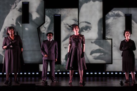 Angela Brown, Will Liverman, Rachel Sterrenberg, and Angela Mortellaro in Charlie Parker's Yardbird at Opera Philadelphia. (Photo by Dominic Mercier)