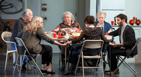 Reed Birney, Cassie Beck, Jayne Houdyshell, Sarah Steele, Lauren Klein and Arian Moayed in The Humans. (Photo by Joan Marcus)